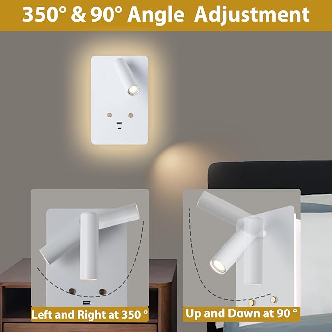 ZEROUNO Wall Mounted Reading Light Set of 2,Dimmable Adjustable Headboard Plug in Wall Sconce with USB A+C Ports,Touch Control Wall Light for Bedroom Bedside Lamps