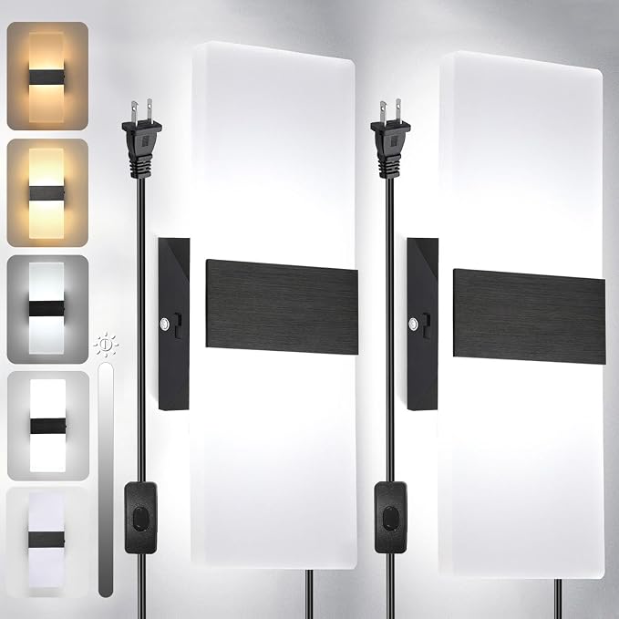 TRLIFE Modern LED Wall Sconces, Adjustable 4 Color Temperature 12W Wall Sconce Plug in, Acrylic Wall Mounted Light Set of 2 Wall Lights with 6FT Plug in Cord for Bedroom Stairway(2 Pack, Black)