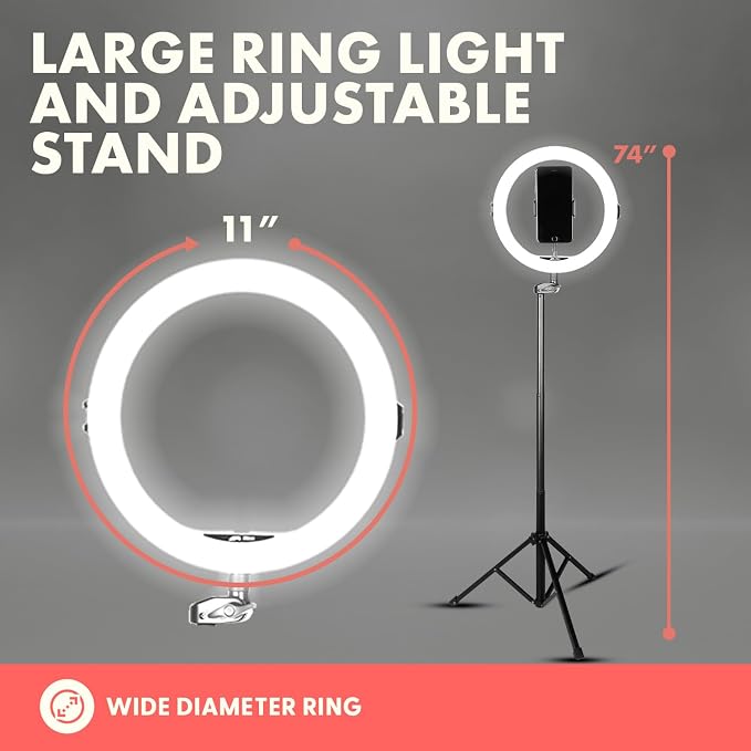 11" Selfie Ring Light with 61" Tripod Stand, LED Ring Light with Phone Holder, Wired Control USB, 10 Brightness Levels, 3 Color Modes, Adjustable for Video Recording, Zoom Meetings, and YouTube