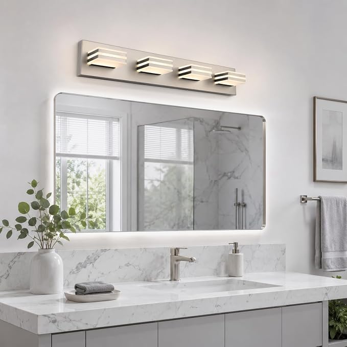 4-Light Brushed Nickel Bathroom Vanity Light, 27 Inch 32W 5CCT Dimmable LED Wall Fixture, Hardwired Over Mirror Lighting with Clear Acrylic Shade for Bathroom Remodel