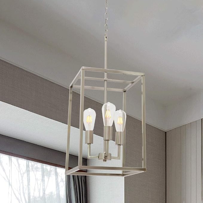 3 Light Classic Indoor Chandelier Brushed Nickel Finish Foyer Lantern Pendant Lighting for Hallway Kitchen Dining Room
