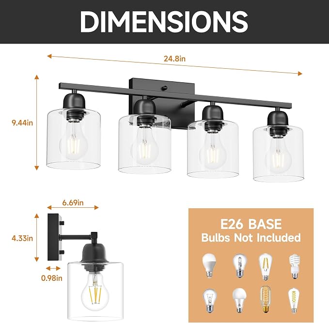 Modern 4 Light Bathroom Light Fixtures, 24 inch Black Vanity Lights for Bathroom with Clear Glass, Bathroom Vanity Light for Mirror Kitchen Living Room Hallway Cabinet Porch