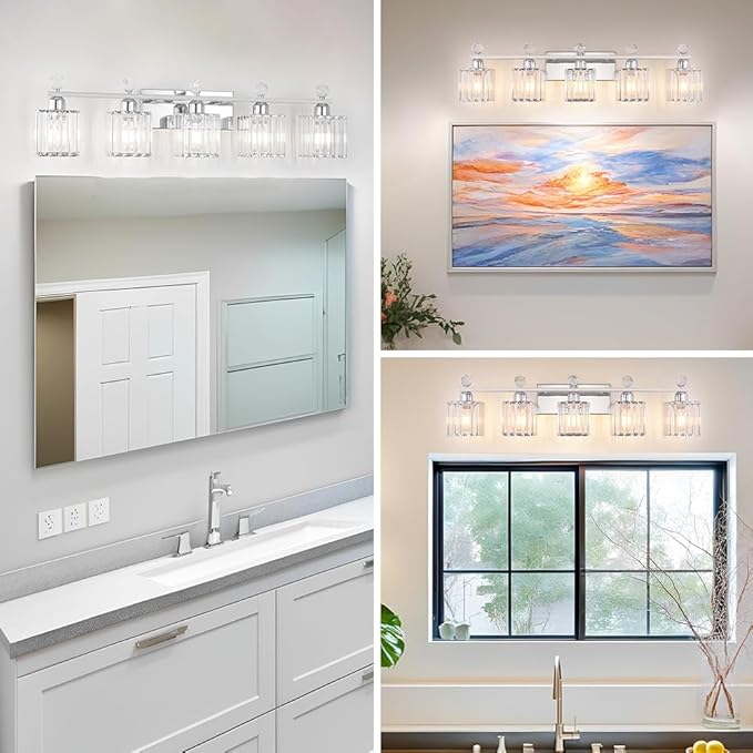 Bathroom Vanity Lights Over Mirror - Easy Installation with Clear Guide, 5-Light Shadow-Free Design, Chrome Crystal Finish - for Modern Home Bathroom Lighting Fixtures in DIY Projects