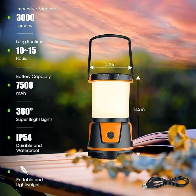 Rechargeable Emergency Light for Home Power Outages Hurricane Light | 3000 Lumen LED Camping Lantern with 7500mAh Power Bank, USB-C Dimmable Outdoor Lantern for Camping, Blackouts & Storms