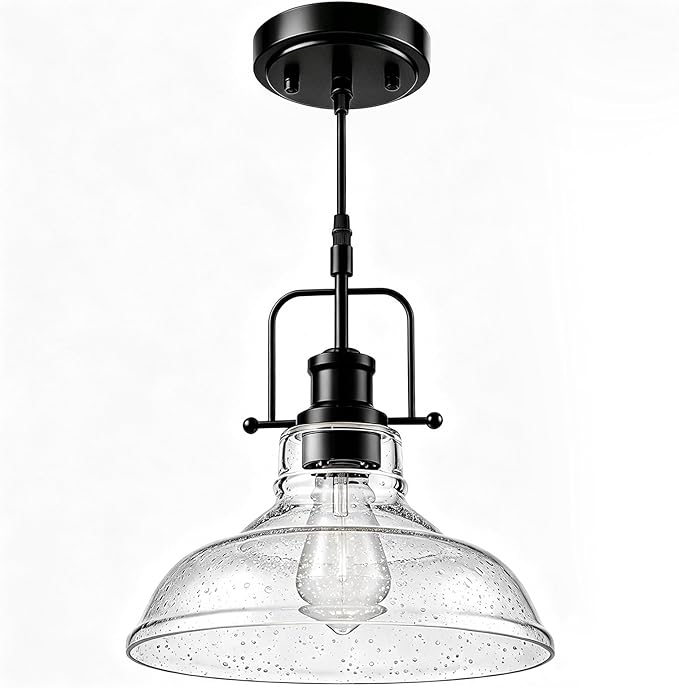 WILON Seeded Glass Pendant Lights Kitchen Island Lighting, Black Modern Farmhouse Pendant Light Fixture with E26 Base, Vintage Hanging Ceiling Lamp for Kitchen Sink Hallway Dining Room Entry Hall | 11'' Seeded Glass Shade, Adjustable Height, E26 Cerami...