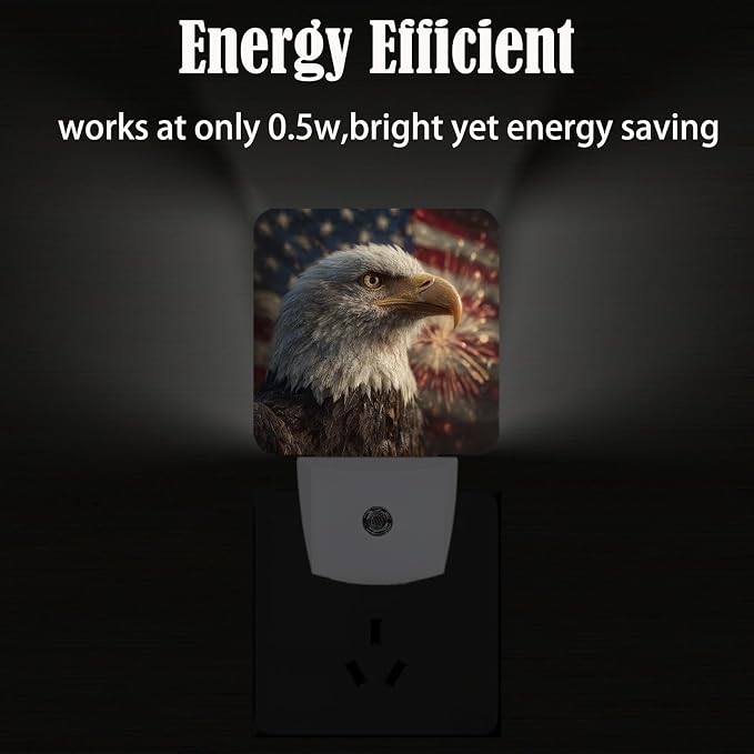 Bald Eagle Night Light,American Flag Plug Into Wall for Boys Girls Bedroom Decorative Square Night Light Lamp 0.5w Sleep Friendly