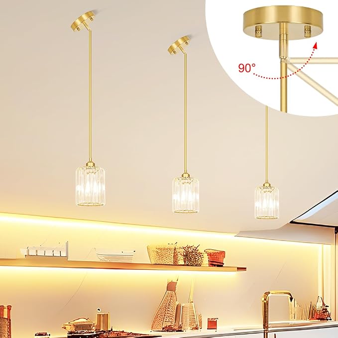 Lxybcce Gold Kitchen Pendant Lights Over Island with Adjustable Rods - Crystal Pendant Lighting Fixtures 3 Pack, Ideal Over Dining Table or Bar, E26 Bulb Compatible, No Electrician Needed