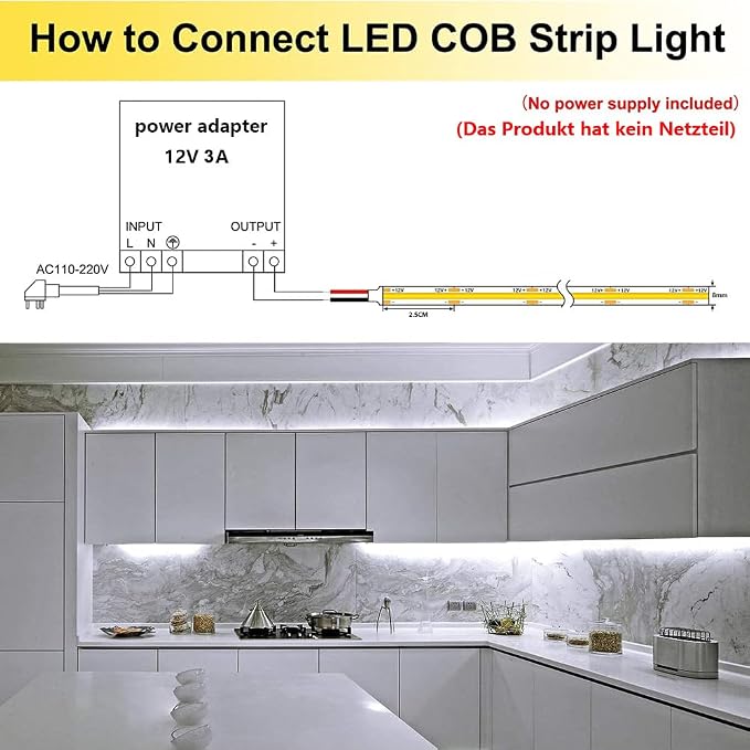 TOPAI 12V COB LED Strip Cool White 6000K 16.4ft Dotless IP65 Waterproof | High Density 480LEDs/M, CRI>90 4000Lm, Cuttable, Flexible, Self Adhesive Easy Install for Bedroom, Cabinet