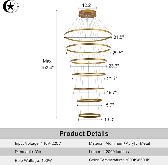 XGZL·LIGHTING 7-Rings Modern LED Chandelier Gold D31.5’’ Contemporary High Ceiling Foyer Chandeliers Large with Remote Entryway for Living Room Entrance Staircase, 3000K-6000K