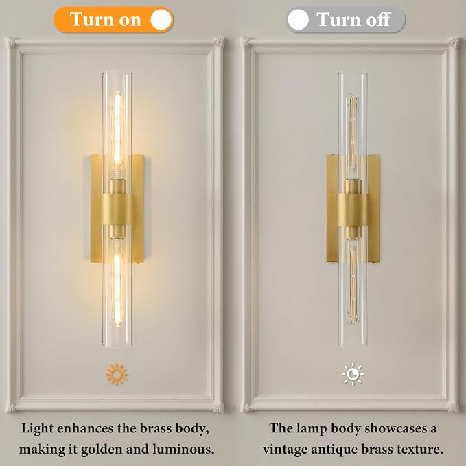Champagne Brass Bathroom Wall Sconce: Set of 2 Modern Gold Decor Lighting | Clear Glass Tube Minimalist Vanity Sconces, Vertical or Horizontal Dimmable Brushed Light Fixture for Indoor Hallway Bedroom