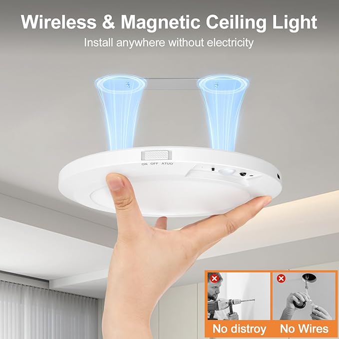Rechargeable Ceiling Light with Motion Sensor: Battery Operated LED Closet Light with Remote & Timing - Wireless Dimmable Magnetic Mount Shower Lamp for Bathroom/Stairs/Garage/Hallway
