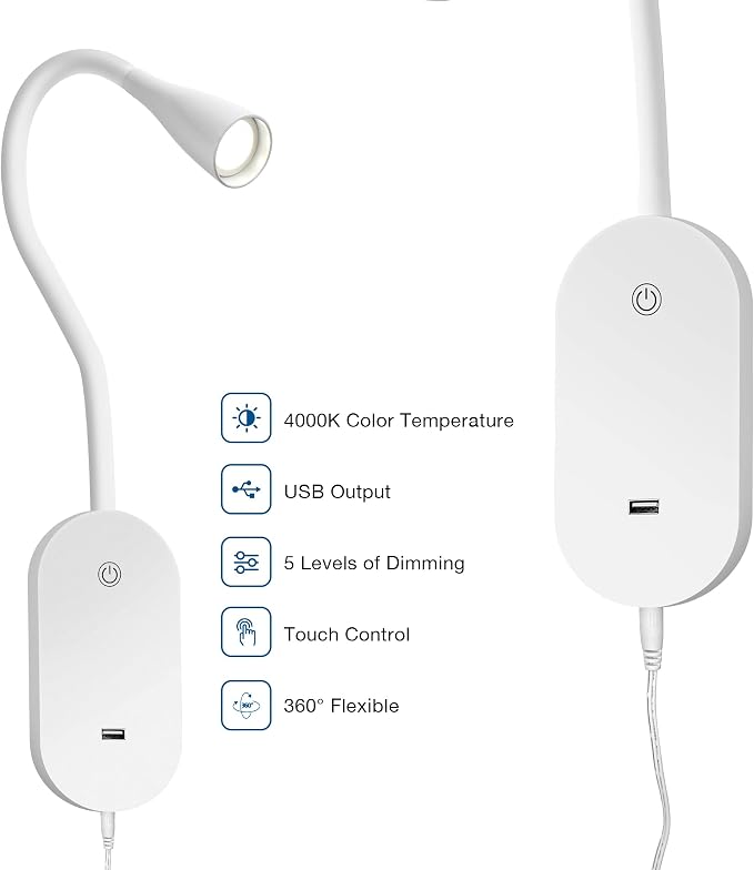 Wall Mounted Reading Lights, Set of 2, Dimmable, USB Charging | Two focused bedside lights with touch dimming, flexible goosenecks, USB charging and auto-off for shared bedrooms.