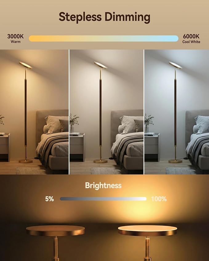 Wood LED Torchiere Floor Lamp with Remote, 3000LM Dimmable | 69" Tall Uplight, 3000K-6500K Color Temperature, 1-Hour Timer, Eye-Caring Lighting, For Living Room, Bedroom & Office