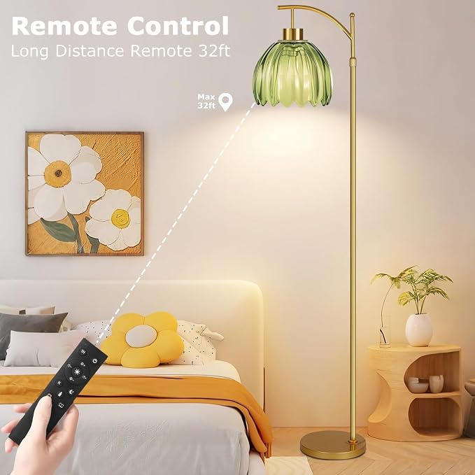 ILLMTW Glass Floor Lamp for Living Room,Bedroom,Gold Mid Century Modern Standing Lamp with Remote,Dimmable Brass Tall Lamp Vintage Tulip Green Arc Flower Floor Light Boho Bohemian