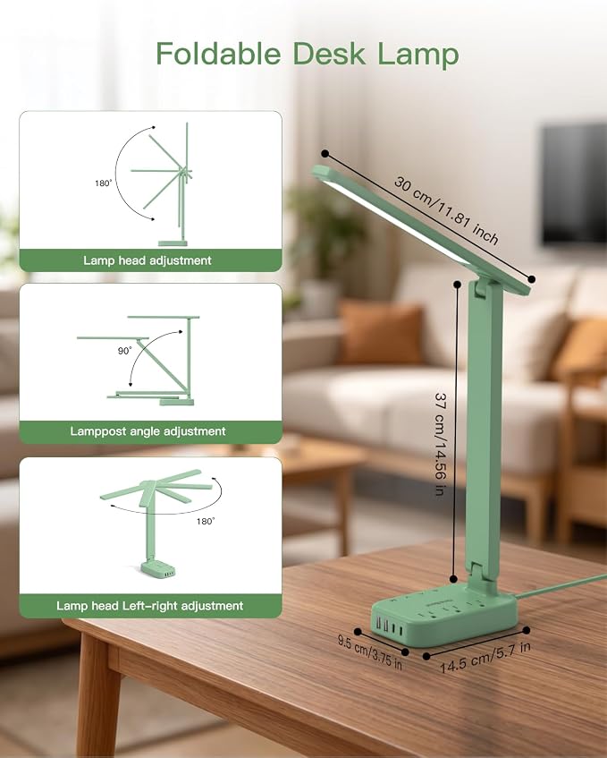 LED Desk Lamp Power Strip with 4 USB 3 Outlets, Dorm Room Essentials, Green | One Beat 4 Modes 5 Level Brightness Touch Lamp, Small Desk Lamp for Home Office College Dorm Essentials, Study Reading Light
