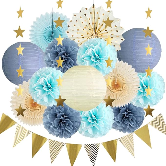 Dusty Blue Party Decorations Boho Beige Light Dusty Blue and Gold Party Decorations Paper Lanterns Poms Fans Champagne Gold for Birthday Baby Shower Boy Bridal Shower Wedding Engagement Graduation