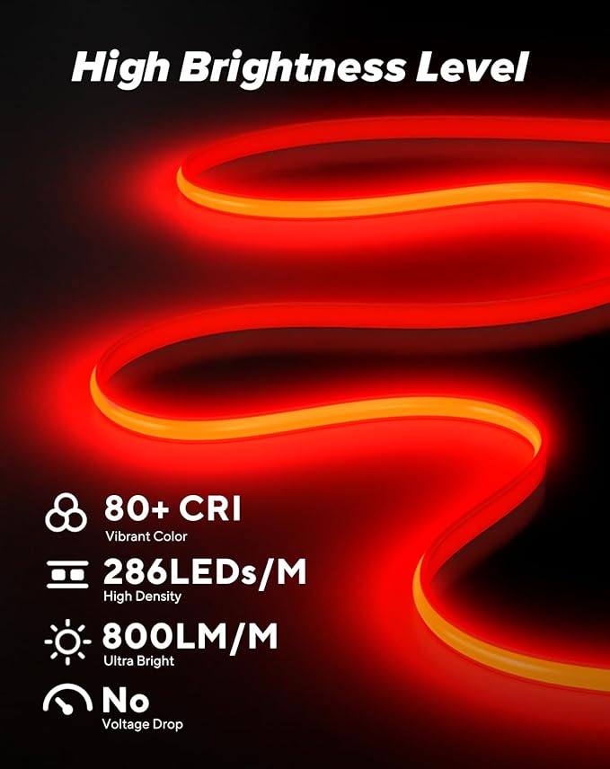 Shine Decor COB LED Rope Light AC 120V, 800lm Ultra Bright, IP65 Waterproof Cold-Resistant ETL Neon Strip, No Driver Tape Lighting for Home Commercial 10x4.5mm, Red, 16.4ft