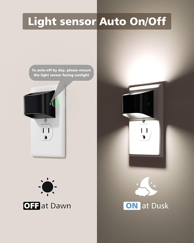 VOLISUN LED Night Light Cool White, 4 Pack Up and Down Night Lights Plug into Wall with Dusk to Dawn Light Sensor, 6000K Nightlight for Hallway, Bedroom, Bathroom, Kitchen Black