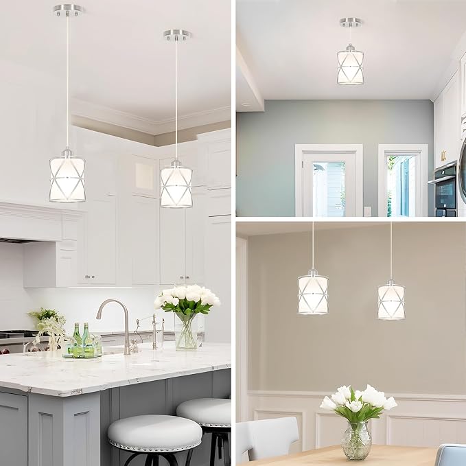 2 Pack Brushed Nickel Pendant Lights for Kitchen Island, Pendant Lights Kitchen Island with 5.51in Frosted Glass Shade, Adjustable Modern Hanging Lights - 59.06 Inch Cord for Dining Room, Entryway