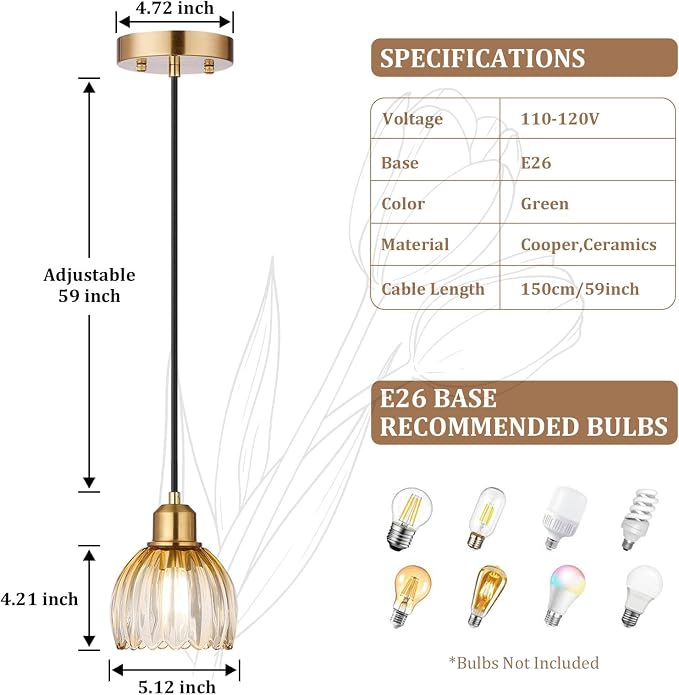 TALOYA Amber Glass Pendant Light,Vintage Hanging Light with Tulip Lampshade | Adjustable Farmhouse Mini Pendant Lighting Fixture for Kitchen Island, Dining Room, Bedroom, Hallway & Bar Decor