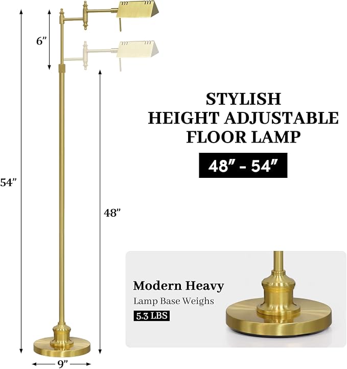 Bairth Light Gold Reading Floor Lamp, Dimmable Pharmacy Standing Lamp | 3 Color Temperature, Dimmable, 17W LED, Height Adjustable, 360°Swing Arm, for Living Room, Bedroom, Office, Craft & Sewing