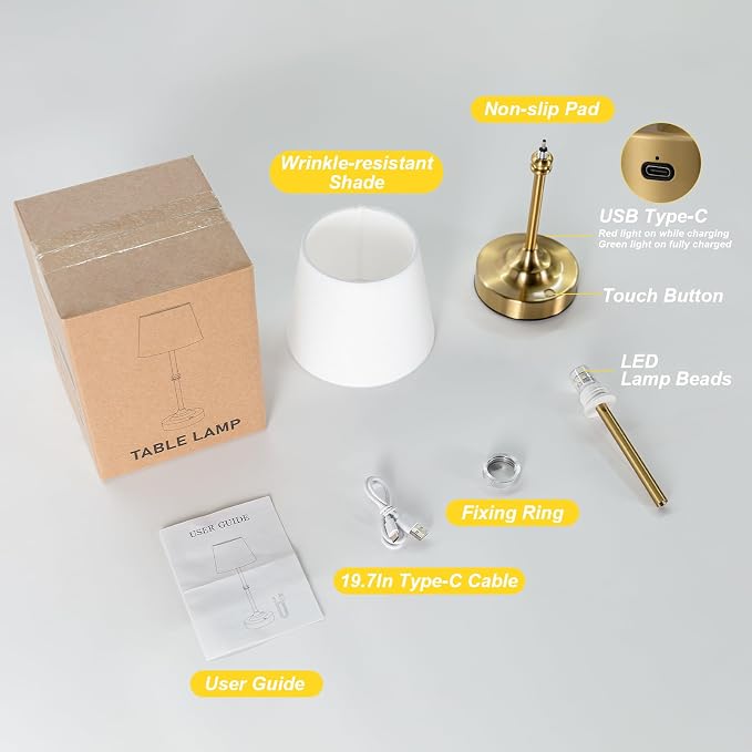 Kakanuo Cordless Table Lamp, Rechargeable Battery Operated, Brass, 1 Pack | 4000mAh Battery, USB-C Charging, 3000K Warm Light, Touch Control, Stepless Dimming, Bedside, Dining Table, Living Room