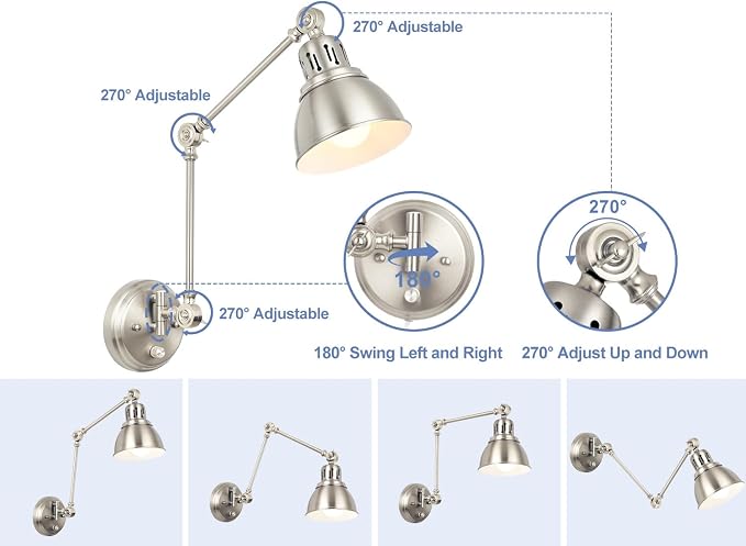 GOODATE 1 Pack Plug in Wall Sconce with Remote, Dimmable, Adjustable Colors, Swing Arm Wall Lamp, Plug in Wall Light with Timer & Night Light (Brushed Nickel, with Bulb+Remote)