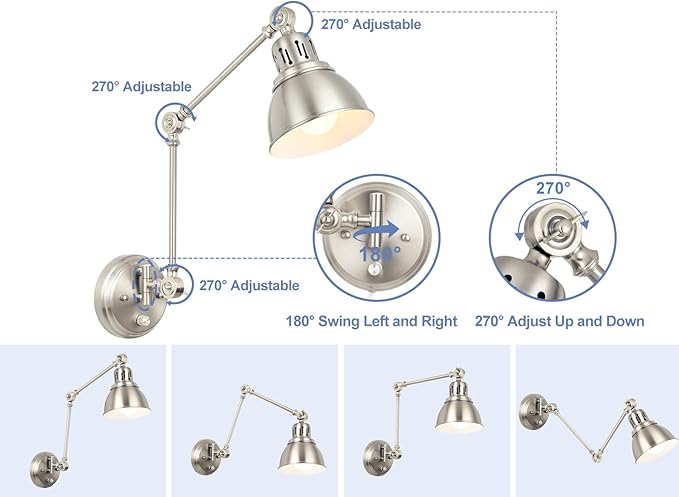 1 Pack Plug in Wall Sconce, Dimmable On Off Switch, Swing Arm Wall Lamp, Brushed Nickel Metal Industrial, Plug in Wall Light (Brushed Nickel, Without Bulb+Remote)