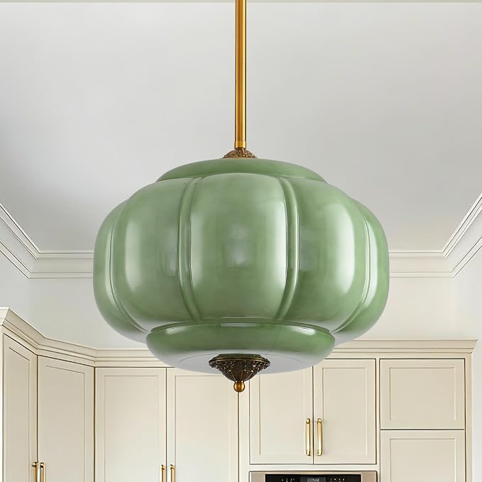 LOUSACE 15 in Vintage Milk Glass Ceiling Light Fixture, Antique Green Milk Glass Pendant Light, Mid Century Art Deco Chandelier for Kitchen Dining Room Hallway Bedroom, LED Bulb Included