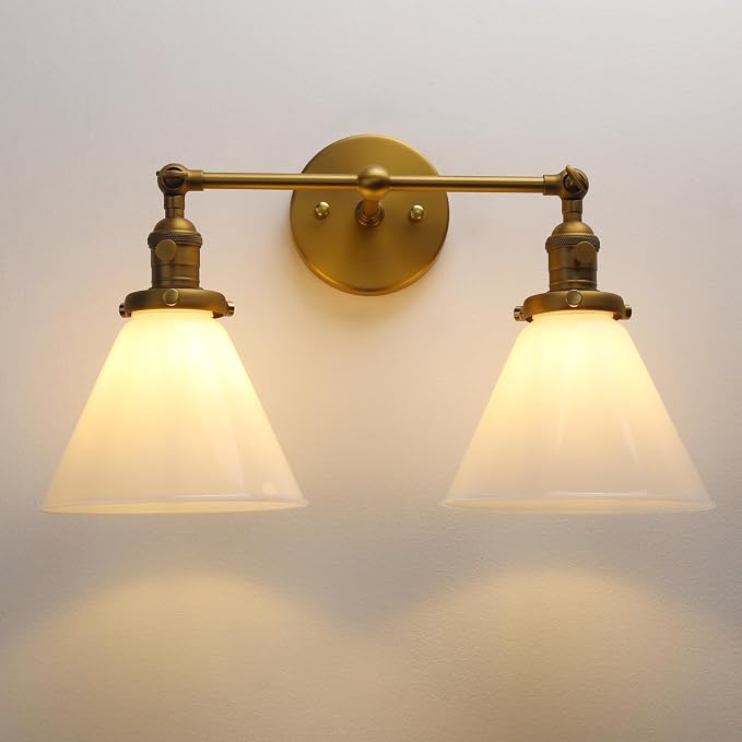 Double Sconce Vintage Industrial Gold 2-Lights Wall Sconces with Funnel Flared Glass Milk Glass Shade Antique Scocne for Bathroom Living Room Home Office