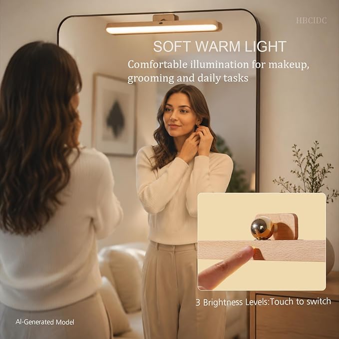 Led Rechargeable Bathroom Light Fixtures Three-Level Dimmable Touch Control Vanity Lights,Magnetic Vanity Light Bar for Bathroom Living Room Bedroom | Rechargeable USB C,3-level dimming, touch control, beech finish, ideal for halls,cabinets,living room...