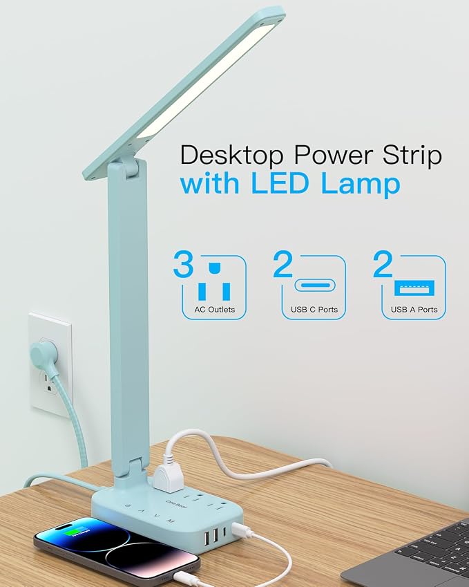LED Desk Lamp, Power Strip with 4 USB 3 Outlets, Dorm Room Essentials, Blue | One Beat 4 Modes 5 Level Brightness Touch Lamp, Small Desk Lamp for Home Office College Dorm Essentials, Study Reading Light