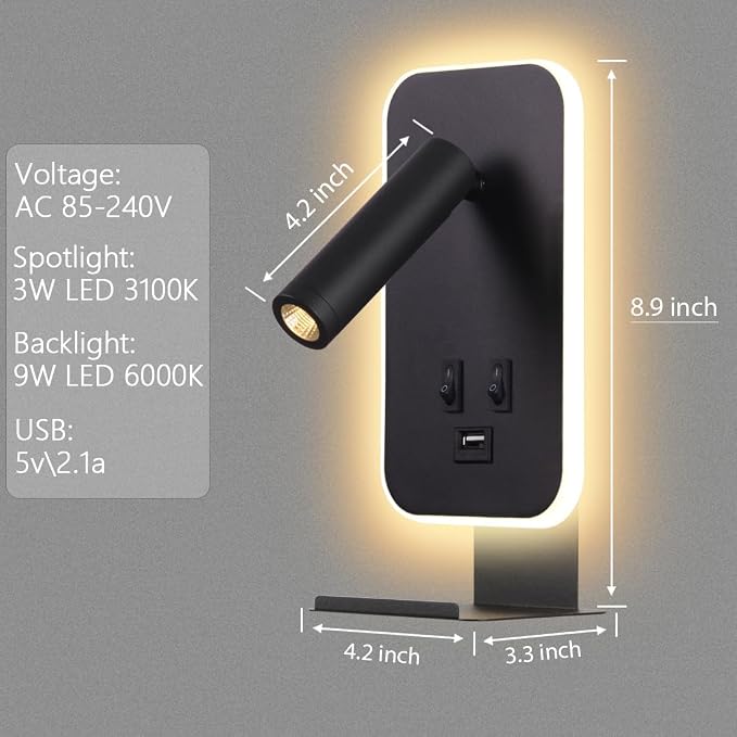 LED Wall Lamp Wall Mounted Reading Lights, Adjustable Headboard Plug in Wall Sconce with USB Ports, Headboard Bedside Lamp with 3W+9W Night Light 3000K, Bedroom ambiance Lighting, Black