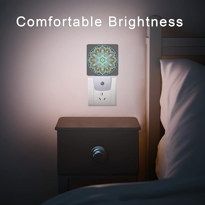 Mandala Floral Night Light,Yellow and Brown Ethnic Style Plug-in Night Lights with Dusk-to-Dawn Sensor for Stairway/Hallway/Bedroom Sleep Friendly lamp for Women/Girls/Boys Gift,0.5W