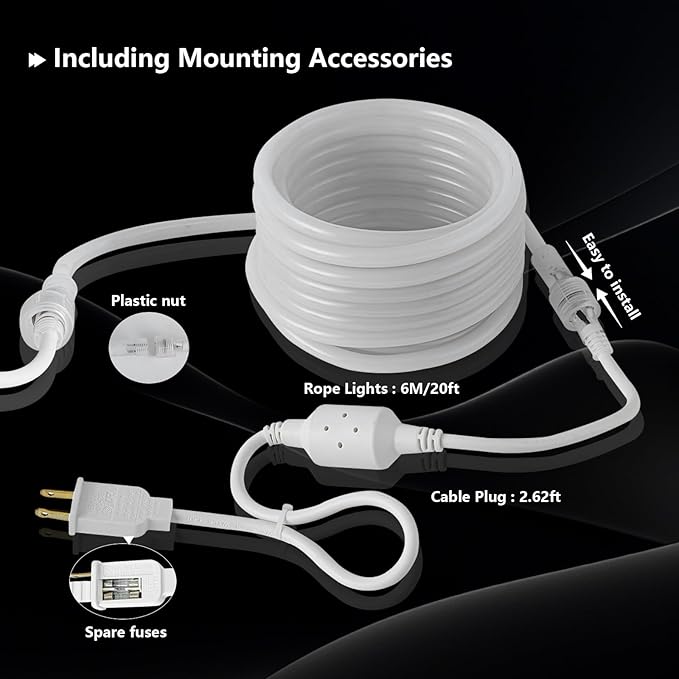 20ft Outdoor LED Rope Lights, Daylight White, 110V, Connectable, Waterproof, Flexible LED Rope Lighting for Indoor Outdoor Decoration, Garden, Patio, Bedroom,Party.