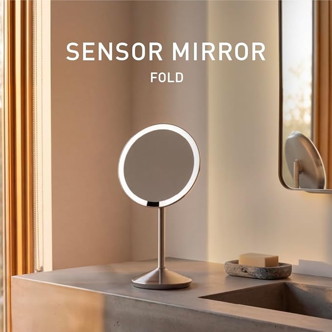 simplehuman Sensor Mirror, 5" Round Rechargeable Mini Travel Makeup Mirror, 10x Magnification, Brushed Stainless Steel
