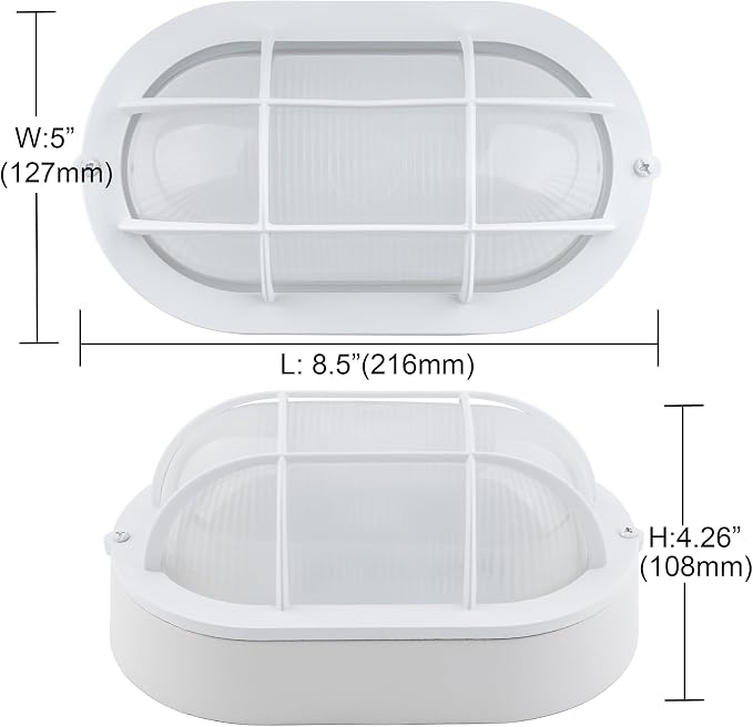 GRUENLICH LED Bulkhead Light Fixture, Aluminum Outdoor Wall Lantern, 8.5" | Oval Exterior Porch Light Wall Sconce for House Walkway Nautical Sauna, Dimmable 6W 600 Lumen, Glass, 5000K, White, 1 Pack