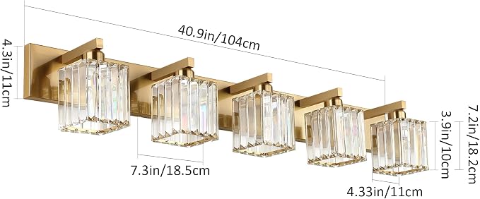 Aipsun Bathroom Vanity Lights Fixtures Crystal Vanity Light 5 Light Modern Brass Bathroom Lighting Fixtures (Exclude Bulb)