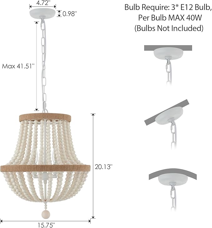 3-Light Boho Chandelier Farmhouse, Wood Bead Pendant Light, Antique Rustic Hanging Light Fixture for Kitchen Island Hallway Entryway Bedroom Nursery Dining Room Foyer