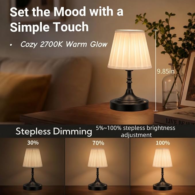 Balck Small Cordless Table Lamp Rechargeable - Kitchen Countertop Tabletop | Touch Lamp｜ Mini Lamp｜Restaurant Table｜Bookshelf | Counter Top ｜Wireless ｜Vintage｜Home Decor | Farmhouse Boho
