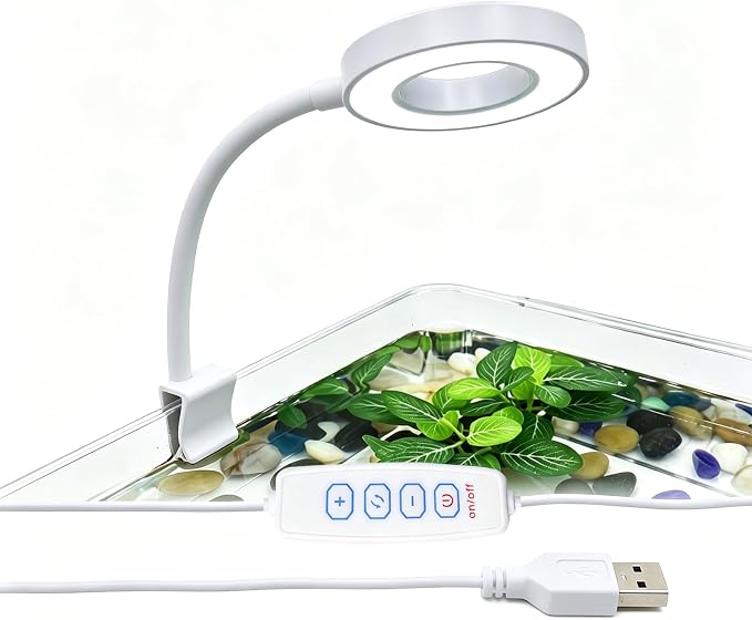 Small Aquarium Light Clip on Fish Tank Light LED USB Full Spectrum Light with Dimmer Multi-Color White+Blue+Red for 1-5 Gal Betta Tank (Adapter NoT Included, No Timer)