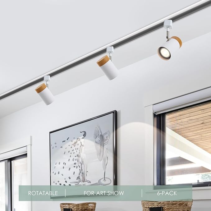 H Type 6 Track Lighting Heads, Natural Solid Wood and Matte White Lampshade Spotlights, Brushed Nickel Swivel Item Kit