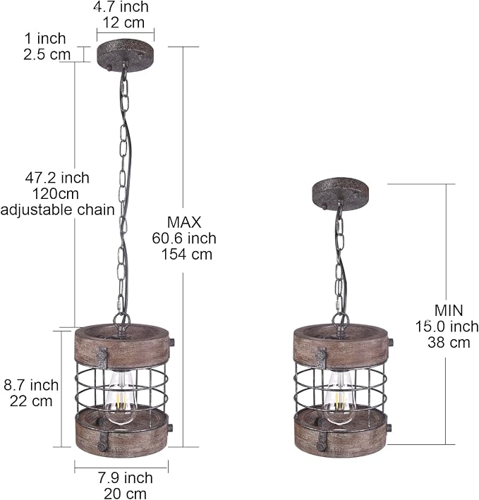 Farmhouse Pendant Light, Rustic Hallway Light Fixtures, Industrial Metal and Wood Chandelier 1-Light Round Cage, for Kitchen Island Foyer Hallway Bar Dining Room Entryway, D 7.9" X H 8.7" (Sliver)