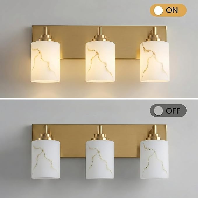 3-Light Bathroom Light Fixture, Gold Modern Vanity Light with White Marble Glass Shade, for Bathroom Mirror, Living Room, Bedroom, Hallway, E26 Base, Extended Base