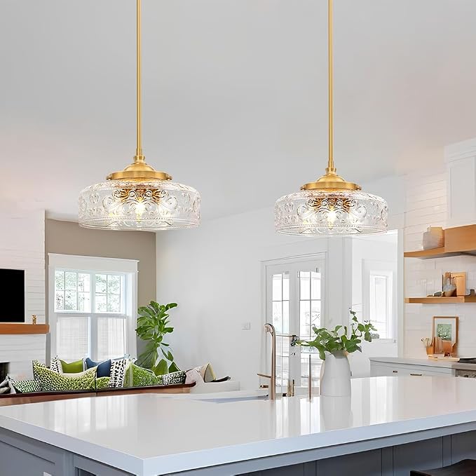 3-Light Adjustable Pendant Lights Kitchen Island, Gold Brushed Metal & Clear Glass Ceiling Pendant Light, Vintage Brass Drop Lights for Bathroom, Hallway, Convertible Ceiling Mount Or Hanging Fixture