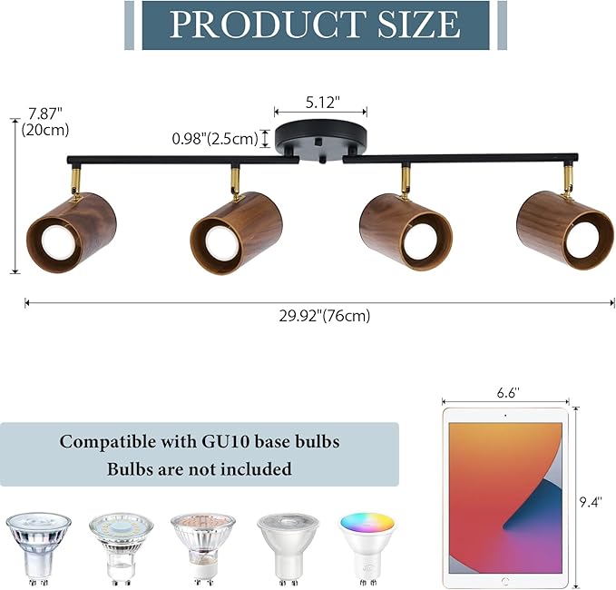 Modern 4-Light Track Lighting Kit Fixture, Adjustable Matte Black Finish and Real Dark Wood Lampshade Ceiling Light, Brass Swivel Item Kit, for Living Room, Kitchen, Artwork