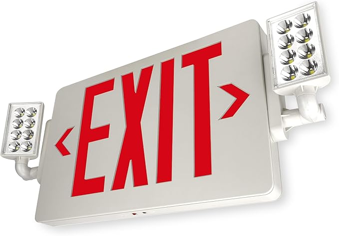 LFI Lights® Thin COMBO UL 924 Listed, Red LED, Exit Sign with Emergency Lights, White, 120-277VAC Hardwired with Battery Backup, Optional Double Face and Knock Out Arrows COMBOTRWBB