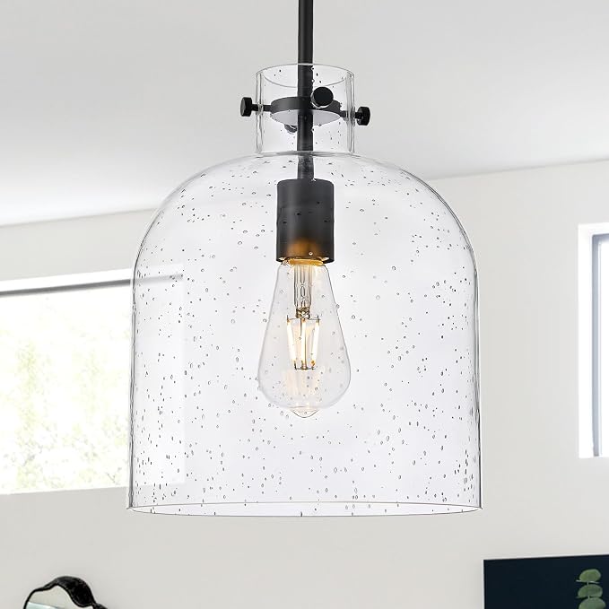 Farmhouse Black Pendant Light – 10" Seeded Glass Dome Hanging Lighting, Hand-Blown Bubble Glass Shade, 1-Light E26 Pendant Lights for Kitchen Island, Dining Room, Hallway