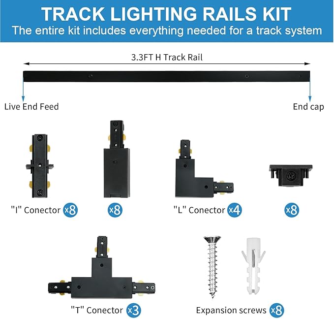 26 FT H Track Lighting Rails Kit, 3 Wire Black Light Tracks with Floating Canopy Connector, Multi Functional H Type Rails, Ideal for Single Circuit H Style Track System