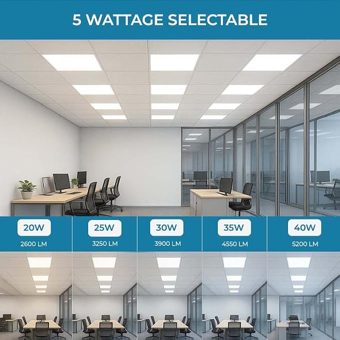 6 Pack 2x2 LED Flat Panel Light for Drop Ceiling, 5200lm Selectable 20W/25W/30W/35W/40W, Color Temperature 3000K/3500K/4000K/5000K/6500K, 0-10V Dimmable, 120-277V, ETL
